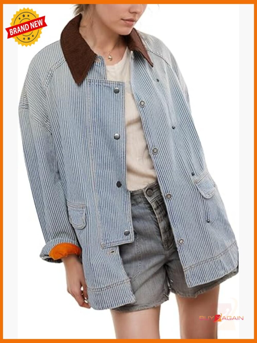 Oversized Striped Denim Jacket Button Down Long Sleeve Relaxed Fit
